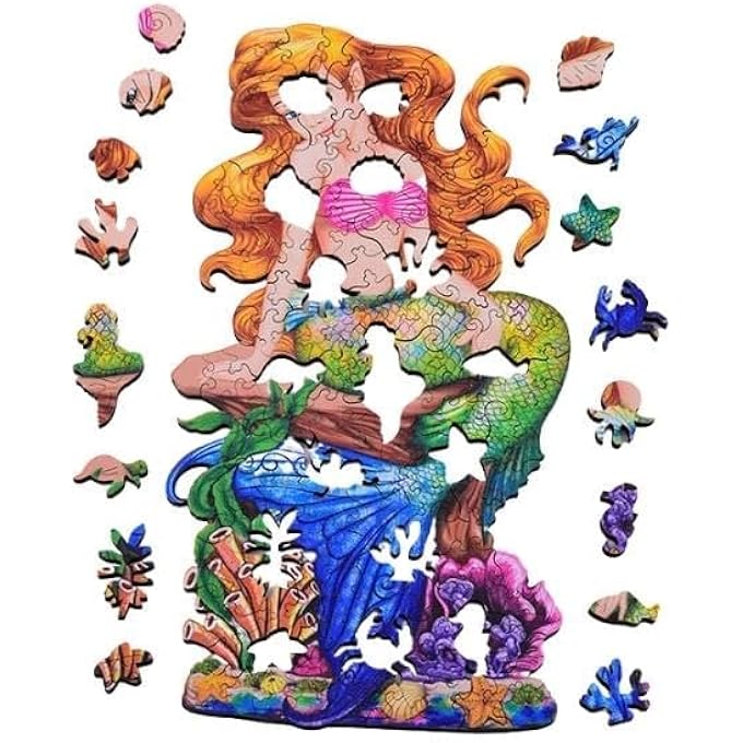 WOODEN JIGSAW PUZZLES, 3D WOODEN ANIMALS SHAPED PUZZLES, BEST GIFT FOR ADULTS AND KIDS DIY PUZZLE PIECE, COLORFUL UNIQUE SHAPED MERMAID PUZZLES A5-5.8 X 8.2 IN - Image 3